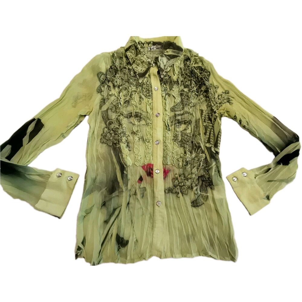LOVE AMOUR Womens Stretch Pleated Top Size S Lemon Green Sexy Face Design Print